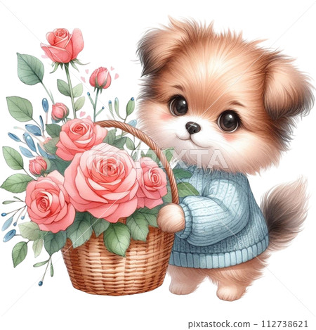 Dog cute with monthly flower clipart watercolor Dog cute with monthly flower clipart watercolor 112738621