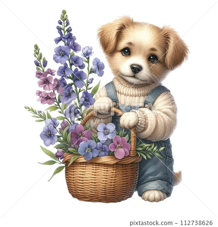 Dog cute with monthly flower clipart watercolor  112738626