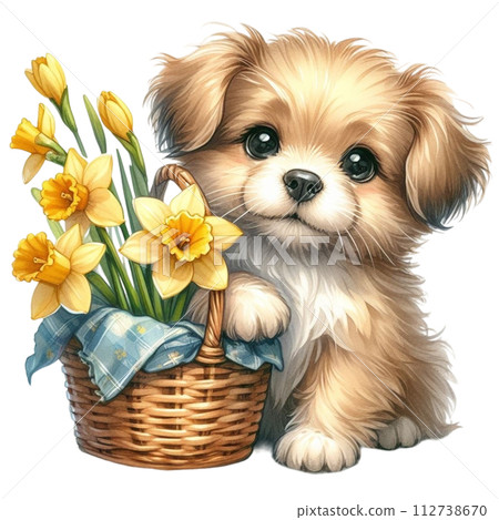 Dog cute with monthly flower clipart watercolor  112738670