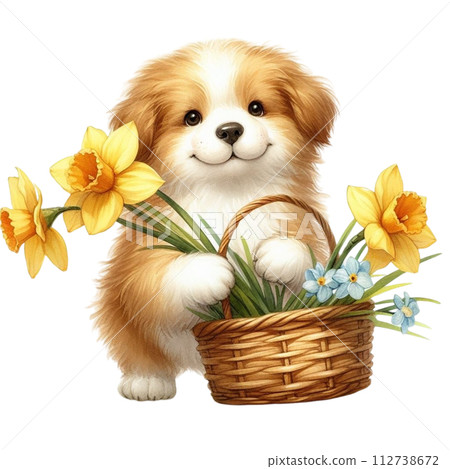 Dog cute with monthly flower clipart watercolor  112738672