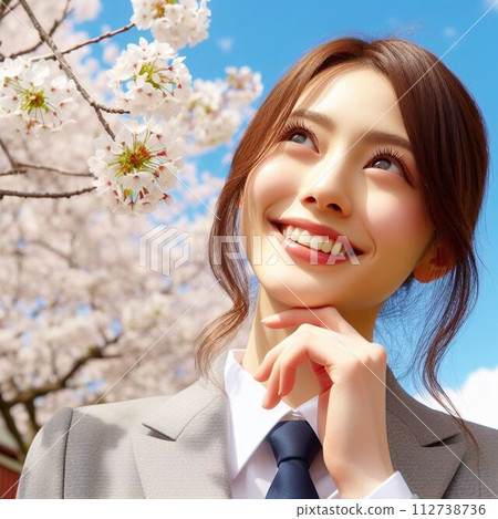 Smiling office worker (spring/blue sky and cherry blossom scenery) 112738736