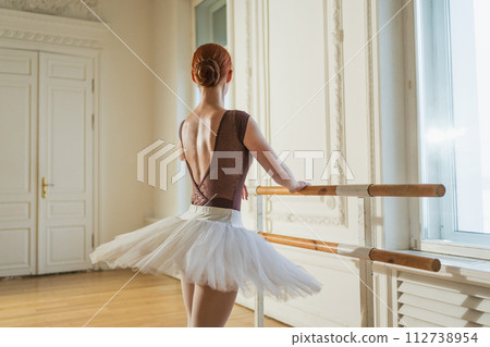 Young ballerina in tutu skirt stretching practicing ballet positions dancing near ballet barre in dance class. Young classical dancer woman in dance studio. Ballet class training Ballet school concept 112738954