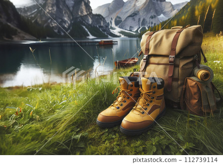 Yellow and brown travel boots together with a tourist backpack against the background of a mountain peak and the sky 112739114
