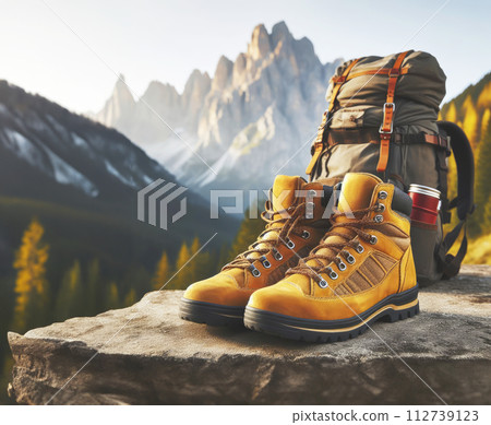 Yellow and brown travel boots together with a tourist backpack against the background of a mountain peak and the sky 112739123