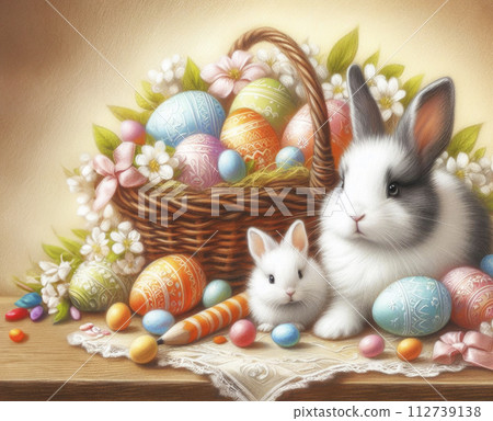 Easter picture with a white rabbit and colorful Easter eggs in a basket, pastel painting Easter picture with a white rabbit and colorful Easter eggs in a basket, pastel painting 112739138