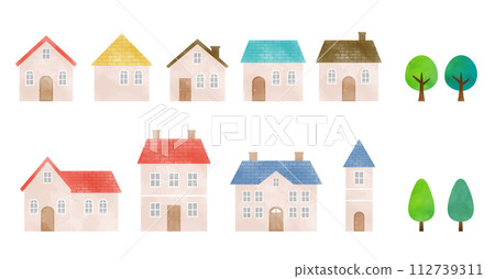 Cute house illustration set_townscape background material_watercolor 112739311