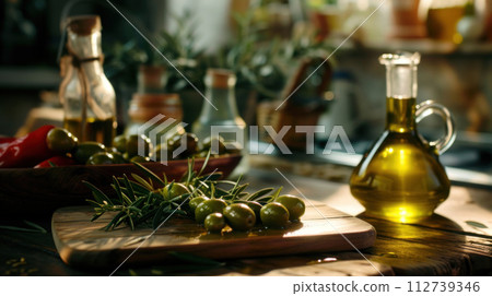 AI-generated content. Olive oil and marinated olives on cutting board 112739346