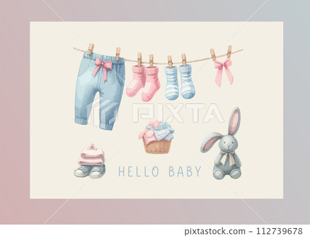 Cute baby shower watercolor invitation card for baby and kids new born celebration with baby clothes. Cute baby shower watercolor invitation card for baby and kids new born celebration with baby clothes. 112739678