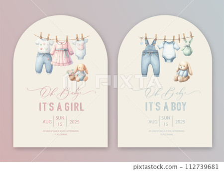Cute arch baby shower watercolor invitation card for baby and kids new born celebration. Its a girl, Its a boy card with baby dress on rope. Cute arch baby shower watercolor invitation card for baby and kids new born celebration. Its a girl, Its a boy card with baby dress on rope. 112739681