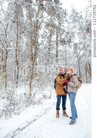 Happy mature couple spending time in a snowy forest 112739762