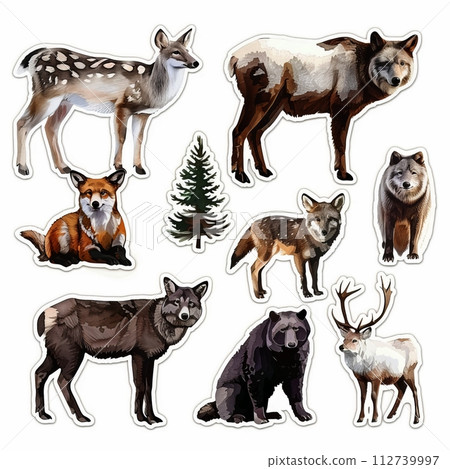 AI-generated content. A watercolor painting of a deer, elk, fox, wolf, bear, and two pine trees on a white background. 112739997