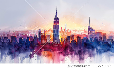 Watercolor touristic postcard, view of Empire State Buildin 112740072