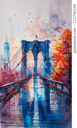 Watercolor touristic postcard, view of Brooklyn Bridge 112740104