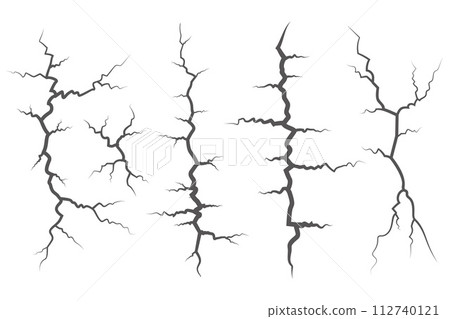 Cracks collection on wall, earth or stone. Scratches lines on surfaces. Lightning and thunderstorm vector illustrations. Fissure on ground and ice. Graphic explosions textures with holes. 112740121