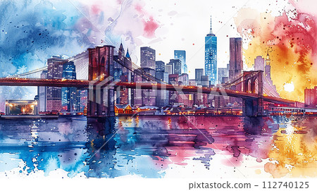 Watercolor touristic postcard, view of Brooklyn Bridge 112740125