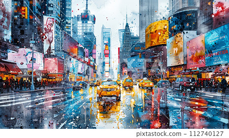 Watercolor touristic postcard, view of Broadway Watercolor touristic postcard, view of Broadway 112740127