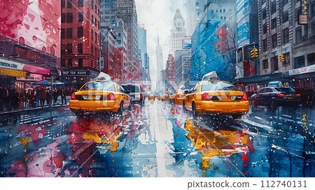 Watercolor touristic postcard, view of Broadway Watercolor touristic postcard, view of Broadway 112740131