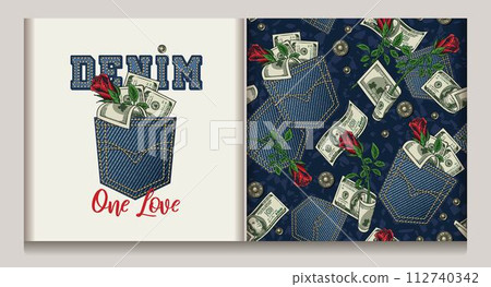 Logo, seamless pattern with denim back pocket, 100 USD dollar notes, red roses, jeans buttons, rivets. Illustration in vintage style on dark textured background. For clothing, t shirt, surface design. 112740342
