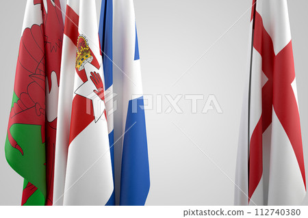 Flags of United Kingdom - England, Scotland, Wales and Northern Ireland. 3D Rendering 112740380