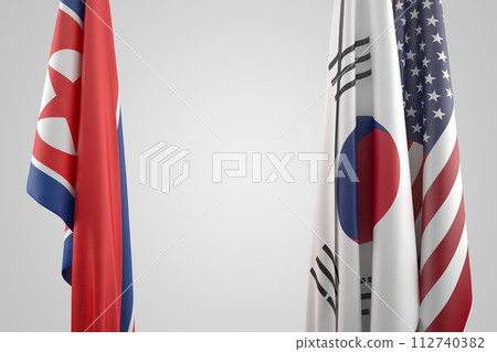 Flags of USA, South and North Korea. Political confrontation concept. 3D Rendering Flags of USA, South and North Korea. Political confrontation concept. 3D Rendering 112740382