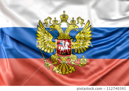 Ruffled Flag of Russia with coat of arms. 3D Rendering 112740391
