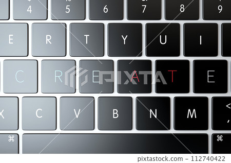 Creative. Text sign over laptop keyboard. 3D Rendering 112740422