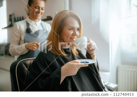 female hairdresser in modern beauty salon cutting hair female hairdresser in modern beauty salon cutting hair 112740453