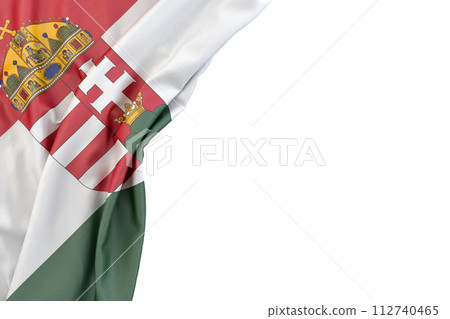 Flag of Hungary with coat of arms in the corner on white background. Isolated. 3D Rendering Flag of Hungary with coat of arms in the corner on white background. Isolated. 3D Rendering 112740465