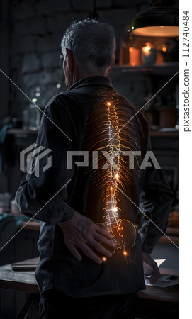 AI-generated content. Pain concept - senior man suffering from back pain at home, pain is visualized as glowing spine 112740484