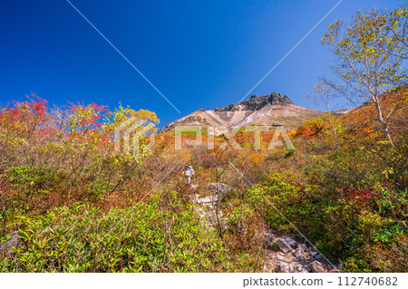 （栃木縣）茶臼岳（那須岳）紅葉盛時，從婆婆頭平仰望山頂 112740682