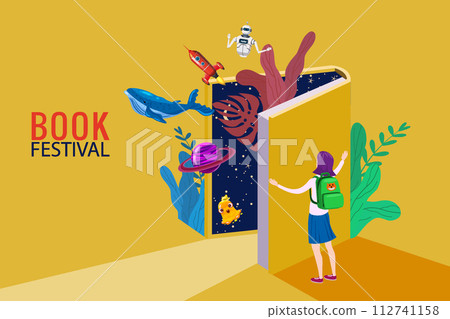 Book Festival concept, girl open huge book Book Festival concept, girl open huge book 112741158