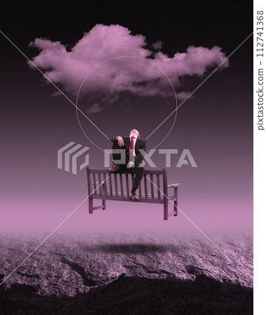 Man in a suit sitting on bench under single cloud. Thoughtful look, meditation and loneliness. Contemporary art collage. Man in a suit sitting on bench under single cloud. Thoughtful look, meditation and loneliness. Contemporary art collage. 112741368