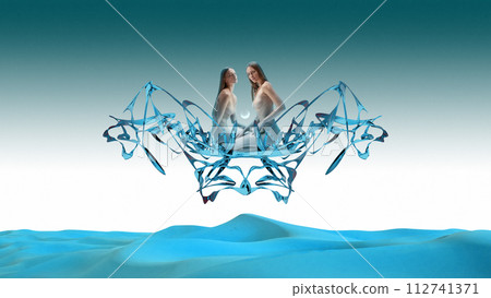 Two identical female figures mirrored with abstract shapes on desert dune backdrop. Contemporary art collage. Parallel universe 112741371