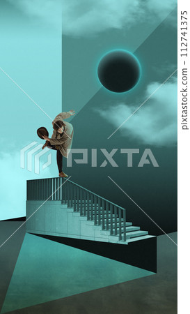 Person balancing on staircase railing under an eclipse, abstract geometric shapes. Contemporary art collage. Modern surrealistic work Person balancing on staircase railing under an eclipse, abstract geometric shapes. Contemporary art collage. Modern surrealistic work 112741375