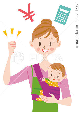 年輕的母親和嬰兒,母親努力處理家庭財務 年輕的母親和嬰兒,母親努力處理家庭財務 112741659