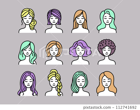 各種髮型女性的向量插圖集 各種髮型女性的向量插圖集 112741692