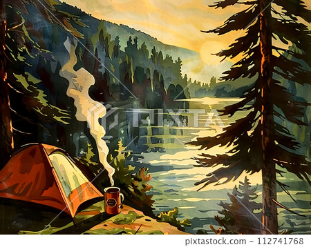 a tent pitched by a riverbank steam rising from a mug of coffee 112741768