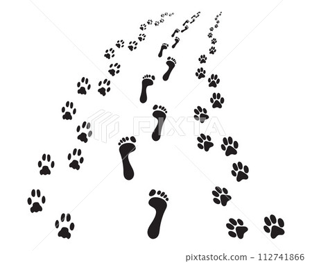 Footprints of man and dog, turn left or right Footprints of man and dog, turn left or right 112741866