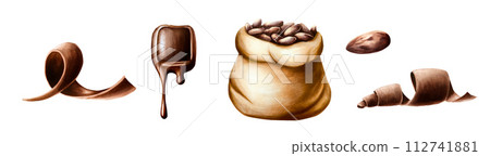 Watercolor set of curl slices of chocolate, cocoa beans in a canvas bag and melted liquid chocolate. Hand drawn coiled sweet delicious realistic illustration isolated on white background. For Watercolor set of curl slices of chocolate, cocoa beans in a canvas bag and melted liquid chocolate. Hand drawn coiled sweet delicious realistic illustration isolated on white background. For 112741881