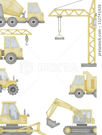 Watercolor Template with Tracks, Cars and Tractors for Baby shower greeting card or childish birthday invitations. Frame with building machines for childish poster. Border with excavator and bulldozer Watercolor Template with Tracks, Cars and Tractors for Baby shower greeting card or childish birthday invitations. Frame with building machines for childish poster. Border with excavator and bulldozer 112741926