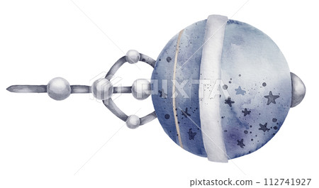 Space Sputnik watercolor illustration. Hand drawn sketch of Satellite with stars in pastel blue colors. Drawing of cute Rocket in a cosmos for Baby shower greeting cards or childish invitations. Space Sputnik watercolor illustration. Hand drawn sketch of Satellite with stars in pastel blue colors. Drawing of cute Rocket in a cosmos for Baby shower greeting cards or childish invitations. 112741927