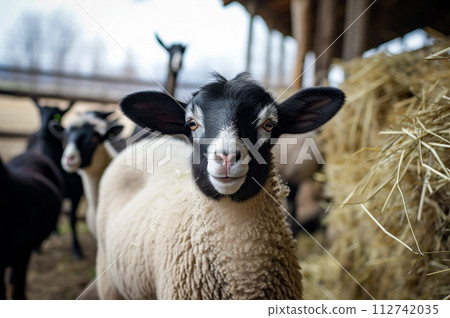 Sheep farm pasture in rural area. 112742035