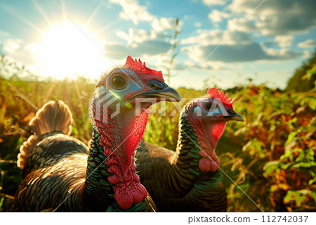 Turkeys graze free range in summer during sunset outdoors in a meadow. 112742037