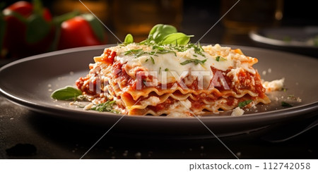 A plate of freshly cooked Italian lasagna 112742058
