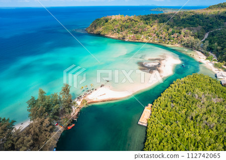 Aerial Beach and coconut trees on a calm island in the morning 112742065