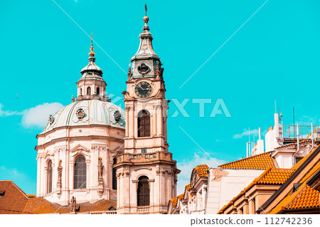 Dome and spire of Saint Nicolas Church in Prague. Lesser Town, Prague, Czech Republic 112742236