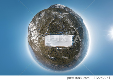 Overhead view of Prodromos dam in winter. Limassol District, Cyprus. 360 degree spherical panorama Overhead view of Prodromos dam in winter. Limassol District, Cyprus. 360 degree spherical panorama 112742261