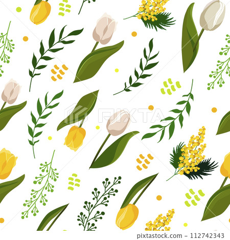 Seamless vector pattern with white tulips and yellow mimosa. Flat design with flowers for textile Seamless vector pattern with white tulips and yellow mimosa. Flat design with flowers for textile 112742343