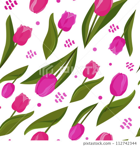 Seamless vector pattern with pink tulips on white background. Flat design with flowers for textile 112742344