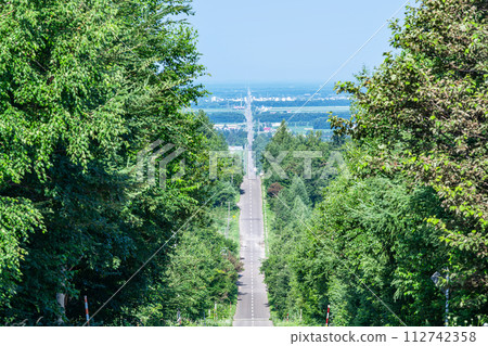 Summer in Hokkaido, popular tourist attraction, road leading to clear skies Summer in Hokkaido, popular tourist attraction, road leading to clear skies 112742358
